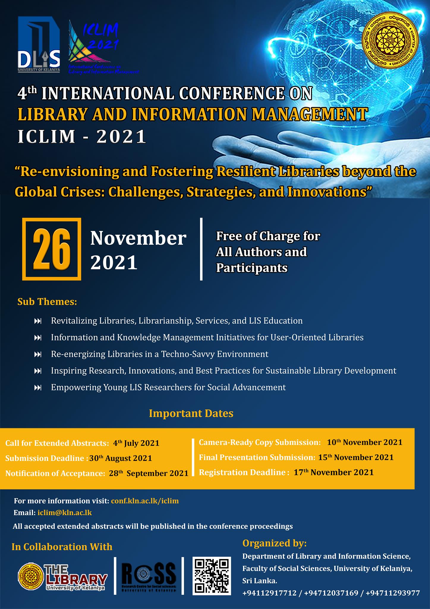 Call for Extended Abstracts for 4th International Conference on Library and Information Management (ICLIM 2021)