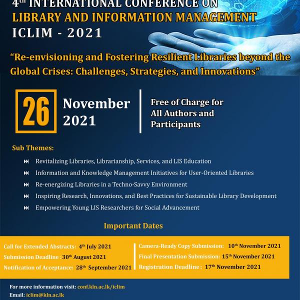 Call for Extended Abstracts for 4th International Conference on Library and Information Management (ICLIM 2021)