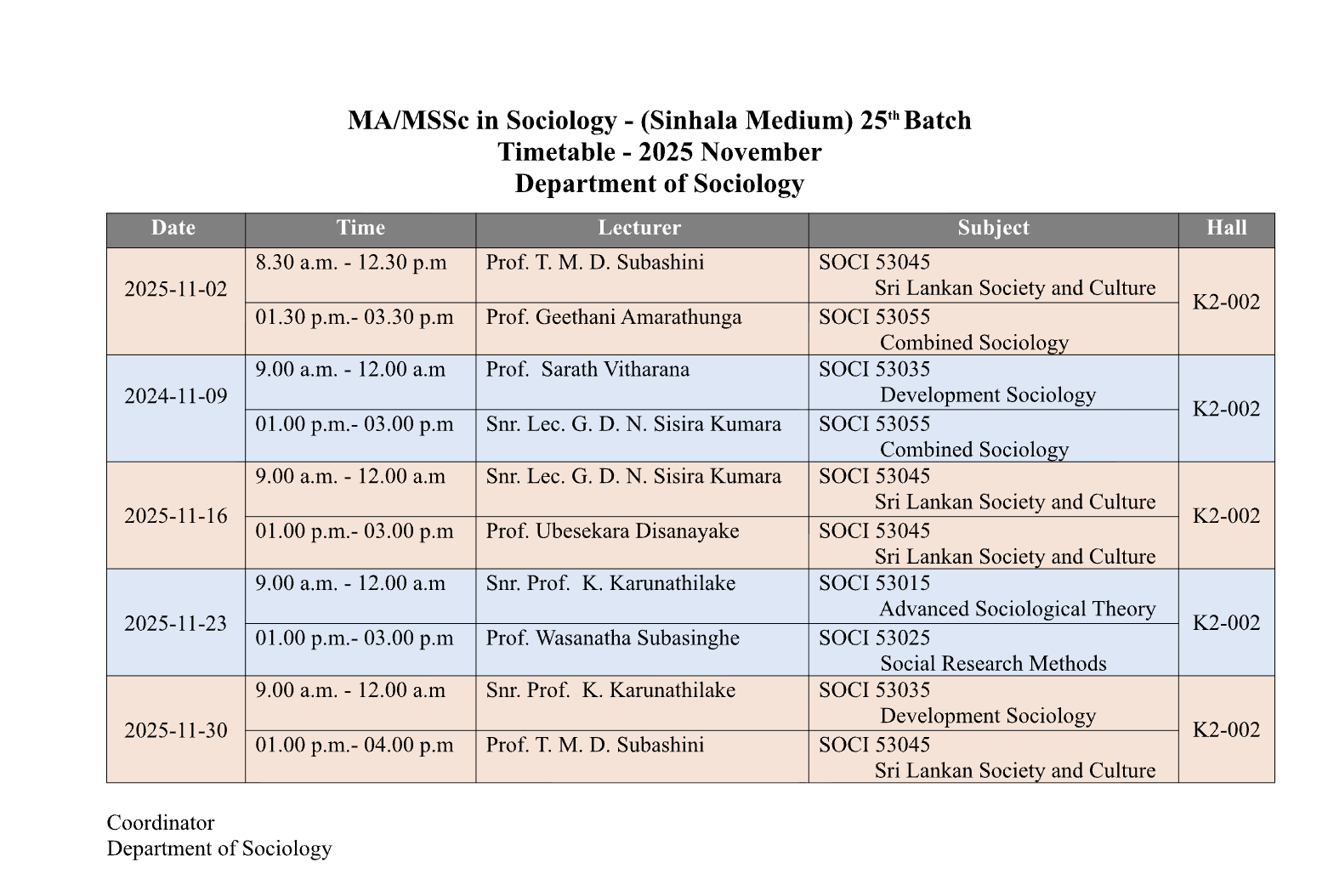 MA and MSSc Timetable - Sinhala Medium Image