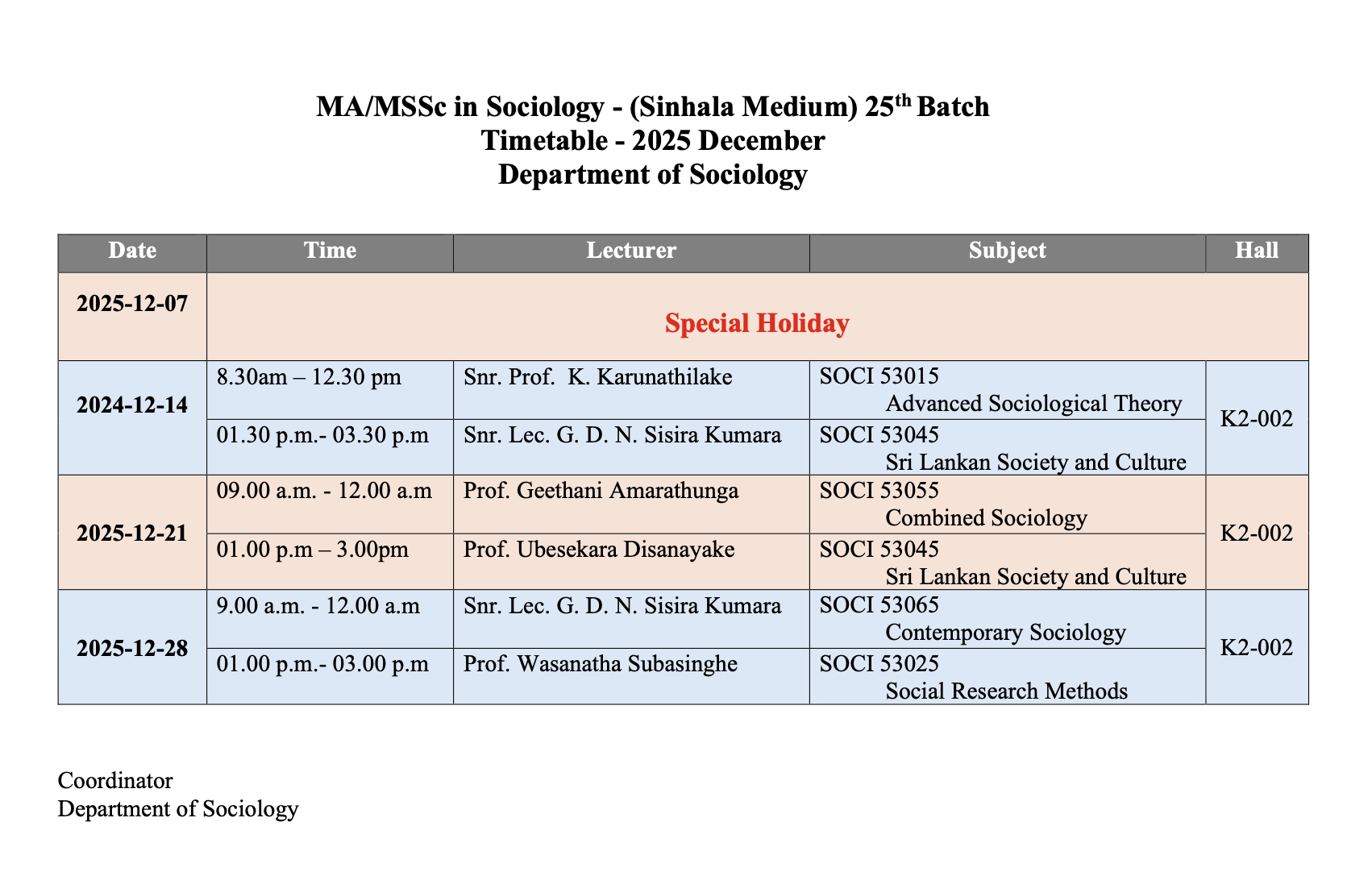 MA and MSSc Timetable - Sinhala Medium Image